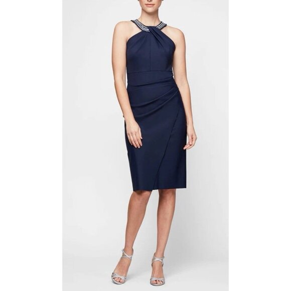 SLNY Evenings 14 Dress Blue Crystal Crew Neck Wedding Cruise Party Event NEW - Picture 2 of 13